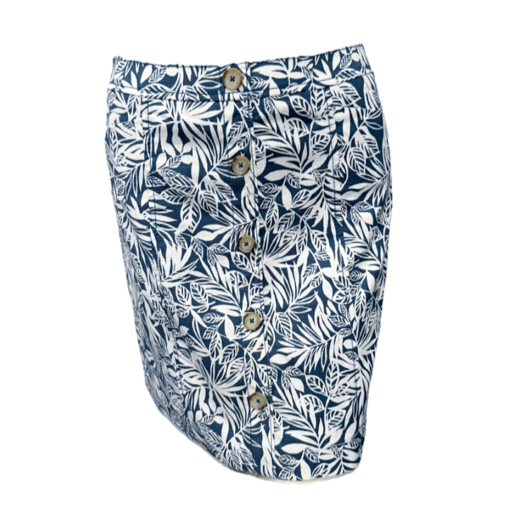 LOFT Women’s Mini Skirt Size 0 Blue White Leaf Print Button Front Linen Blend